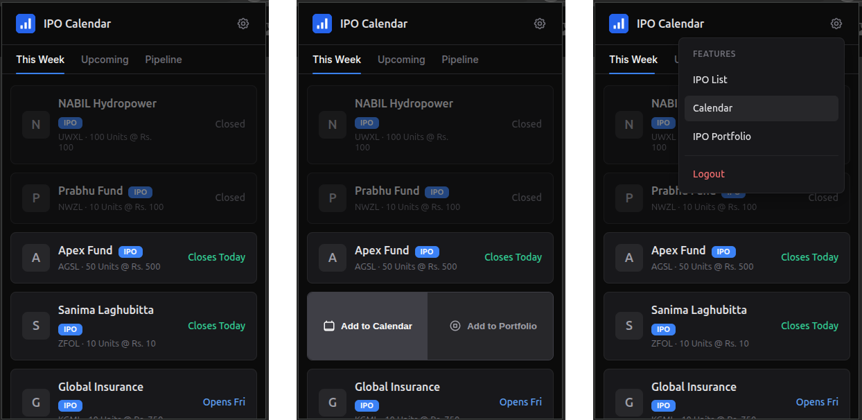 Screenshot of the IPO list view
